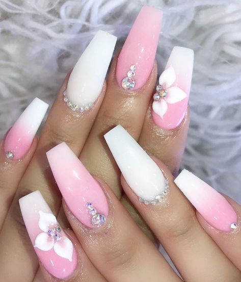 Pink Ombre Nail Designs With Rhinestones, Pink And White Ombre Nails With Bling, White And Pink Nails With Rhinestones, Long Pink Bling Acrylic Nails, Pink And Ombre Nails, Cute Pink Ombre Nails, Pink And White Ombre With Rhinestones, Pink And White Ombré Nails With Design, Ombre Nail With 3d Flower