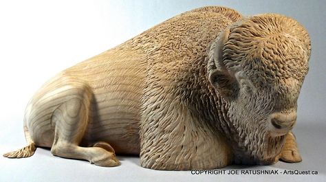 "Bison" by Joe Ratushniak aka www.JoeCarver.com   This bison sits atop a newel post in a loghome. #sculpture #loghomeart #reclaimedwood #bison #woodcarving Bison Wood Carving, Bison Sculpture, Stone Carving Sculpture, Bison Art, Native Artwork, Dremel Carving, Wood Carving For Beginners, Rock Sculpture, Wood Statues