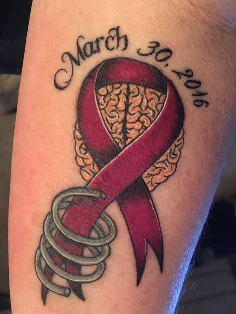 MY Tat - got it on my 1 yr Annie-versary!   Designed it myself - very proud of it. Avm Survivor Tattoo, Rare Disease Tattoo, Brain Aneurism, Survivor Tattoo, Brain Tattoo, Awareness Tattoo, Ink Therapy, Brain Surgeon, Ribbon Tattoos