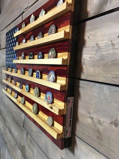 Wooden Flags, Challenge Coin Holder, Diy Rack, Flag Wall Decor, Challenge Coin Display, Wood Projects For Beginners, American Flag Wood, Wood Flag, Coin Display