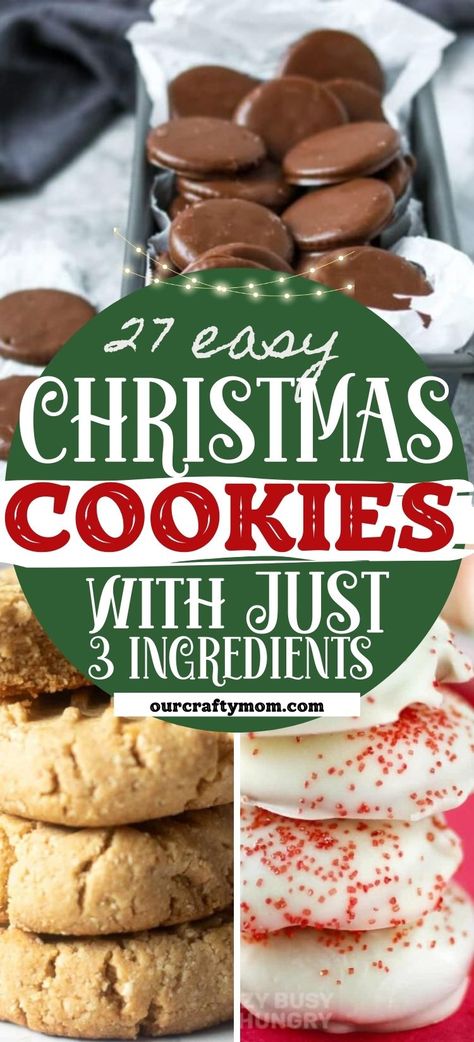 Take a look at this super easy list of 3 ingredient cookies including gluten-free, flourless peanut butter, chocolate chips, and more! #easycookies #ourcraftymom #3ingredientcookies #vegancookies Easy Low Carb Cookies 3 Ingredients, Peanut Free Christmas Cookies, 3 Ingredient Holiday Cookies, Easy To Make Cookies 4 Ingredients, Few Ingredient Christmas Treats, Peanut Butter 3 Ingredient Cookies, Peanut Cookies 3 Ingredient, Cheap And Easy Cookies, 3 Ingredients Cookies Easy