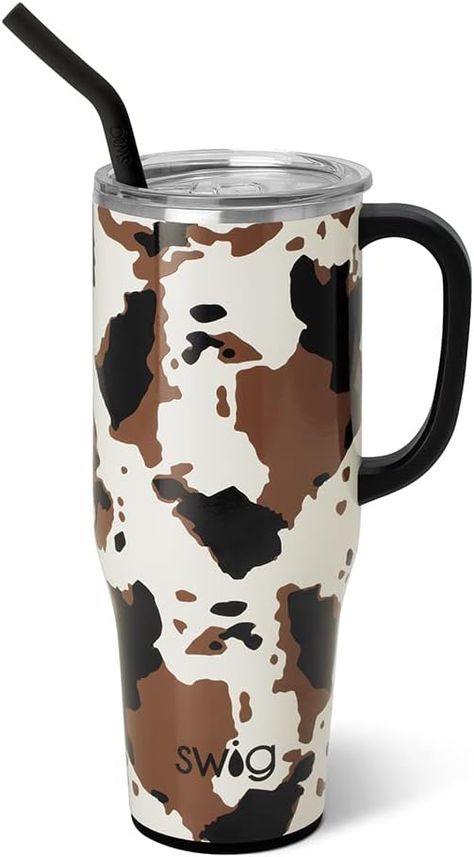 Swig 40 oz Tumber with Straw - Cow print - Dream Drinkware #paidlink Mega Mug, Cowhide Print, Drinkware Accessories, 9 Hours, 30 Oz Tumbler, Plastic Straw, Reusable Straw, Insulated Water Bottle, Copper Plated