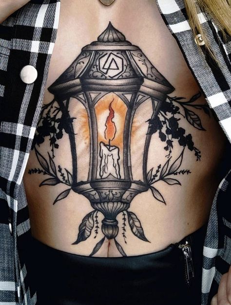 Creepy Lantern Tattoo, Lantern Tattoo Ideas, Lantern Tattoo, Chest Tattoos, Chest Tattoos For Women, Spooky Tattoos, Sternum Tattoo, Chest Tattoo, Rose Tattoos