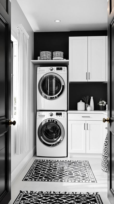 Stacked Laundry Room Ideas Black White Laundry Room Ideas, Black And White Laundry Room Ideas, Black Laundry Room Ideas, Stacked Laundry Room Ideas, Black And White Laundry Room, Stacked Laundry, Laundry Station, Herringbone Tiles, Stacked Laundry Room