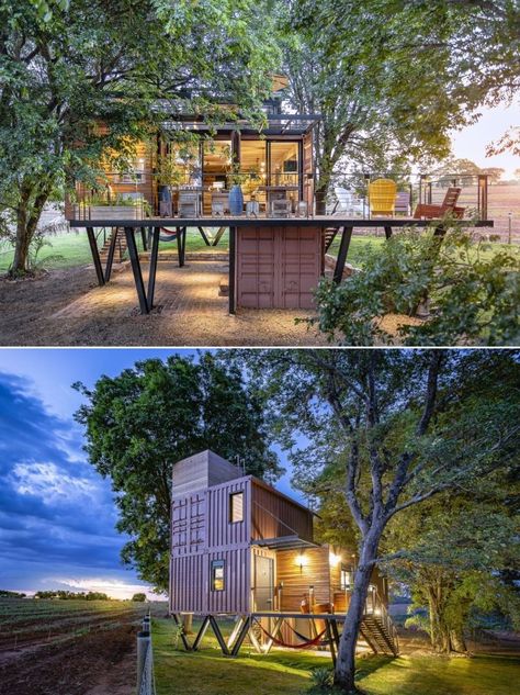 Elevated from the ground on V-shaped metal pillars, this self-sustainable shipping container house is built by Casa Container Marilia in the Sao Paulo state in Brazil. Named Hanging House, it repurposes shipping containers and uses nearly 80-percent recycled materials for construction. Shipping Container Tree House, Container House On Stilts, Storage Homes, House On Pilings, House Pillars, Elevated House, Tiny Container House, Hanging House, Storage Container Homes