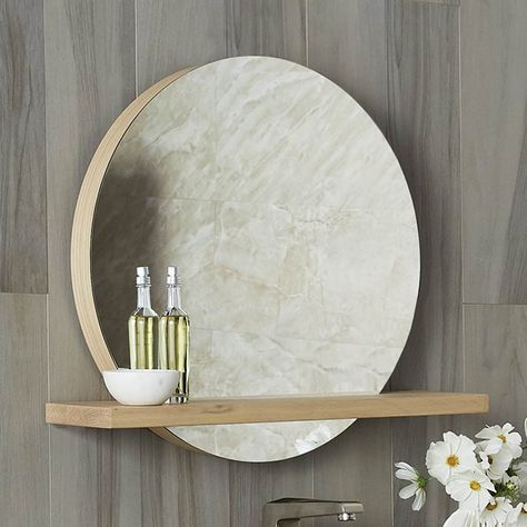 Solace-28in-Oak-Mirror-Shelf-Sunrise-MRO281-MSO281 Oak Floating Shelves, Mirror Installation, Oak Wall, Oak Shelves, Glass Installation, Circular Mirror, Contemporary Room, Mirror With Shelf, Framed Mirror Wall