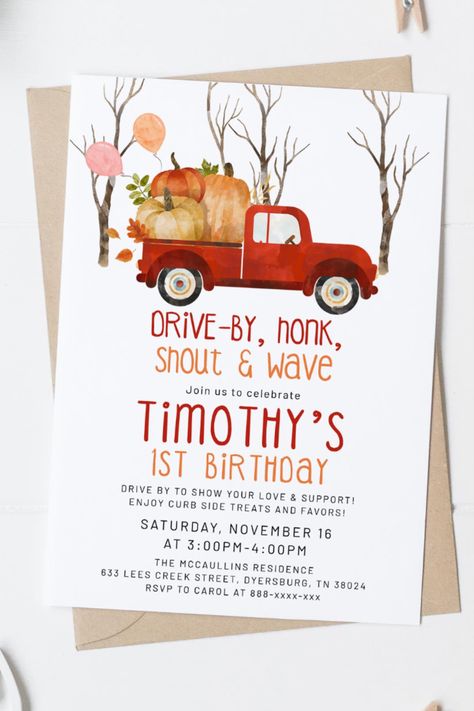 Editable Drive By Fall Birthday Invitation Template, Pumpkin Birthday Invitation, Fall Drive $11.03 Printable Pumpkins, Fall Birthday Invitations, Ninth Birthday, Themed Illustrations, Fall Birthday Parties, Ministry Ideas, Trucks Birthday Party, Pumpkin Truck, Fourth Birthday