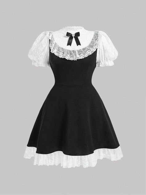 SHEIN MOD Plus Size Color Block Lace Patchwork Dress With Bow DecorationI discovered amazing products on SHEIN.com, come check them out! 1800s Dresses Casual, Blackpink Interview, Acubi Dress, 1800s Dresses, Lace Patchwork Dress, Outfit Minimalist, Shein Dress, Lace Patchwork, Vestidos Vintage