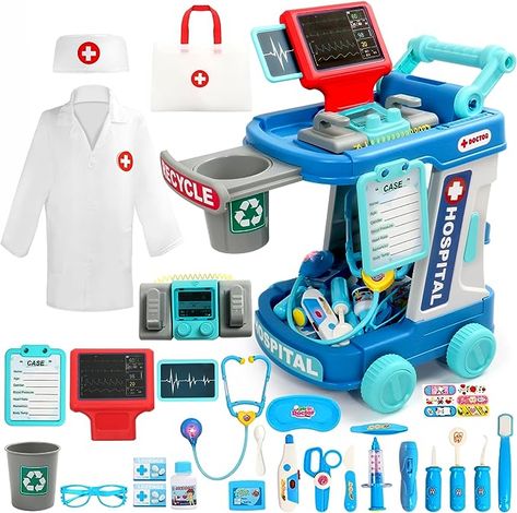 Doctor Kit for Toddlers 3-5 Pretend Play - 28 Pieces Dentist Vet Toys for 4 5 6 Year Old Girls Boy Dress Up Kids Toys Doctor Costume Cart Set Medical Kit for 2 3 + Year Old Halloween Girls Boy Gift#ad As an Amazon Associate I earn from qualifying purchases. Kids Doctor Set, Kids Doctor Kit, Bandage Sticker, Toy Doctor, Doctor Play Set, Kids Dentist, Kids Pretend Play, Medical Instruments, Holiday Toys