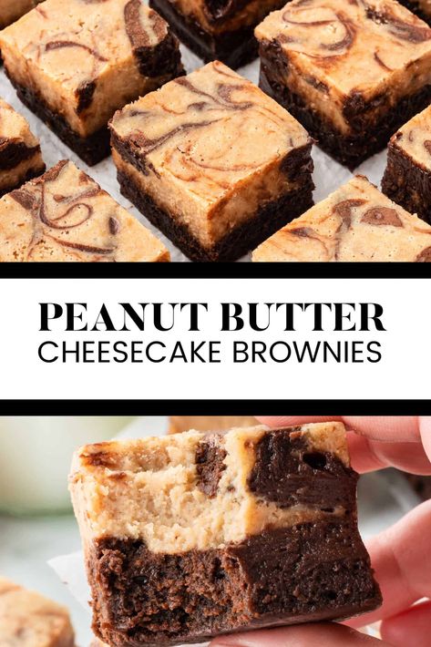 Peanut Butter Cheesecake Brownies A rich fudgey brownie layer is topped by a smooth peanut butter cheesecake filling. This dessert tastes out of this world! Chocolate Peanut Butter Cheesecake Bars, Peanut Butter Cheesecake Bars, Peanut Butter Cheesecake Brownies, Cheesecake Swirl Brownies, Cheesecake Brownies Recipe, Yummy Pie Recipes, Smooth Peanut Butter, Swirl Brownies, Fudgy Brownie