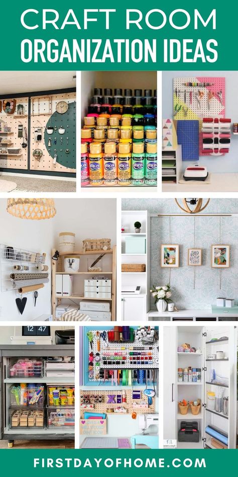 Collage of craft room spaces including pegboard walls, hanging racks, wall decor, and craft cabinets Cricut Storage Ideas, Cricut Storage, Craft Room Ideas, Room Furniture Ideas, Top Craft, Craft Room Furniture, Mod Podge Crafts, Organize Craft Supplies, Sewing Room Organization