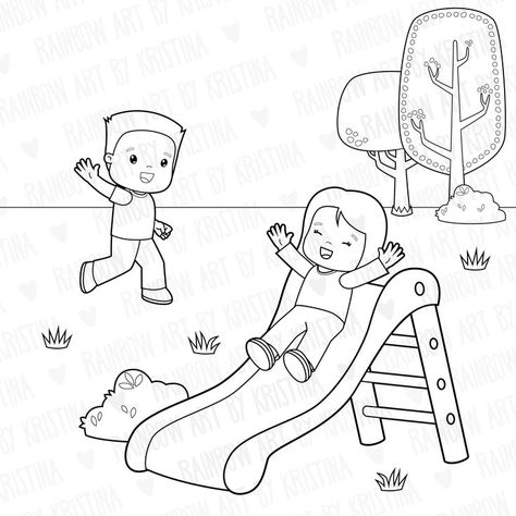 Park Drawing For Kids, School Clipart Black And White, Children Playing Drawing, Kids Playing Drawing, Children Playing Illustration, Slide Drawing, Clip Art Kids, Felt Crafts Flowers, Back To School Projects