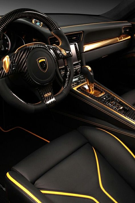 Carbon fiber Black & Gold Black Lamborghini Interior, Black And Gold Car Interior, Lamborghini Interior Luxury, Black Yellow Car Interior, Carbon Fiber Car Interior, Gold Car Interior, Lambo Interior, Yellow Car Interior, Black And Gold Car