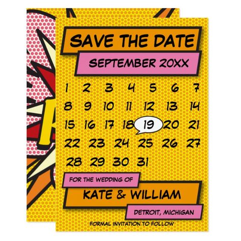 Art Save The Date, Comic Book Pop Art, Superhero Baby Shower, Retro Comic Book, Art Invitation, Word Templates, Save The Date Postcards, Retro Comic, Date Cards