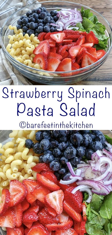 Strawberry Spinach Pasta Salad Pasta Salad With Fruit, Spinach Pasta Salad, Pasta Salad With Spinach, Strawberry Chicken Salad, Pasta Salad Ingredients, Camp Food, Strawberry Spinach, Pecan Salad, Spinach Strawberry Salad