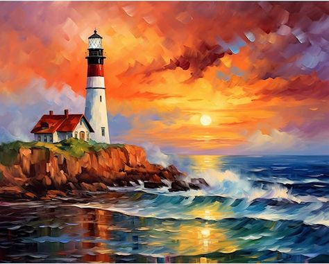 Amazon.com: Tucocoo Lighthouse Seascape Paint by Number for Adults,DIY Digital Oil Painting Kits on Canvas with Brushes and Acrylic Pigment Portland Headlight Landscape Picture for Home Decor 16x20inch Frameless : Tools & Home Improvement Paint By Number For Adults, Painting For Adults, Easy Landscape Paintings, Sunset Artwork, Palm Trees Painting, Sunrise Painting, Flower Canvas Art, Lighthouse Painting, Digital Oil Painting