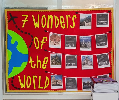 World Cultures Classroom Decorations, Wonders Of The World Classroom Theme, Seven Wonders Of The World Project, Around The World Bulletin Board Ideas, Travel Bulletin Board Ideas, Geography Classroom Decorations, World Classroom Theme, Around The World Decor, Around The World Classroom Theme