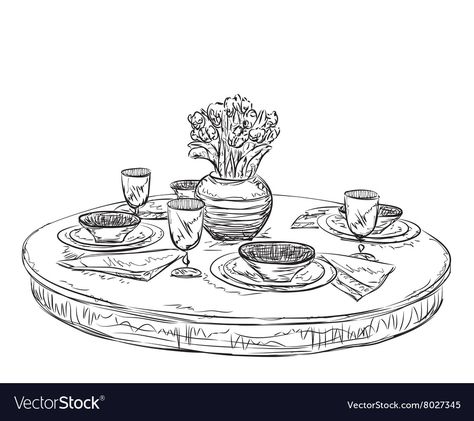 Table Sketch, Ballet Drawings, Interior Architecture Drawing, Crayon Drawings, Art Basics, Weekend Breakfast, Book Drawing, Romantic Dinner, Art Table