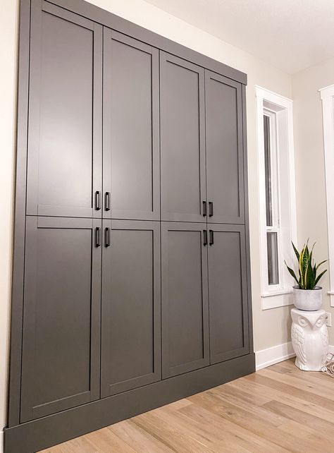 Kendall Charcoal Benjamin Moore Interior Doors, Kendall Benjamin Moore, Modern Paint Colours Interiors, Kendall Charcoal Cabinets Kitchens, Kendall Charcoal Doors, Benjamin Moore Painted Kitchen Cabinets, Kendall Charcoal Benjamin Moore Bedroom, Charcoal Bathroom Cabinets, Charcoal Mudroom