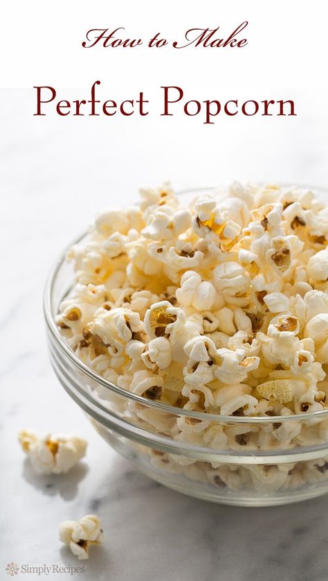 Learn how to make PERFECT popcorn on the stovetop. No burnt kernels! Easy stove-top popcorn recipe on SimplyRecipes.com #popcorn #snack #healthy #healthysnack How To Make Popcorn, Stovetop Popcorn, Perfect Popcorn, Homemade Popcorn, Popcorn Recipe, Stove Top Recipes, Butter Popcorn, Popcorn Recipes, Simply Recipes