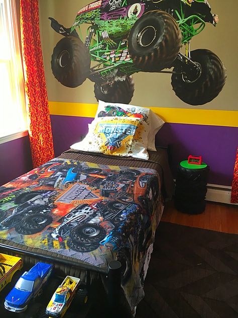 Quentin's Monster Jam room Monster Jam Theme Bedroom, Monster Jam Room Ideas, Monster Jam Bedroom Ideas, Monster Jam Room, Monster Jam Bedroom, Monster Truck Bedroom Ideas, Monster Truck Room Decor, Monster Truck Decor, Cool Bedrooms