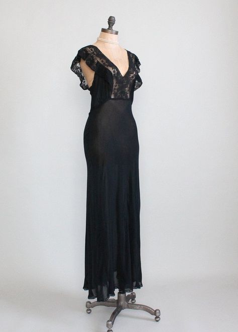 1930s Gown, Black Nightgown, Slinky Dress, Lace Nightgown, Black Lace Trim, Bow Back, Lingerie Dress, Tie Bow, 1920s Fashion