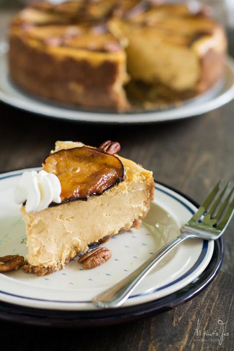 Discover a hint of earthy and nutty flavor in this luscious Goat Cheese Pumpkin Cheesecake with roasted pears and find out why is fabulous to be fifty. #cheesecake #cheesecakerecipes #InspirationSpotlight Goat Cheese Pie, Pumpkin Goat Cheese, Cheese Pumpkin Pie, Goat Cheese Cheesecake, Roasted Pears, Recipe Salmon, Pumpkin Pie Cheesecake, Roasted Pear, Sliced Pears