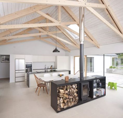 Kitchen Log Burner Open Plan, Central Wood Burner Open Plan, Open Plan Log Burner, Log Burner In Kitchen Extension, Log Burner Open Plan Living Room, Open Plan Fireplace, Wood Stove Center Of Room, Center Fireplace Living Room, Modern Log Burner