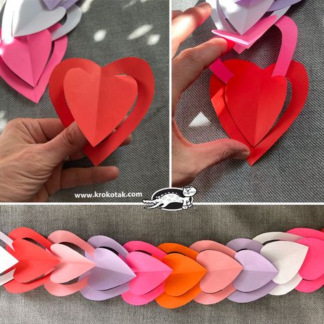 krokotak | No-glue heart garlands Friendship Crafts, Ecofriendly Crafts, Paper Flowers For Kids, Paper Heart Garland, Dance Crafts, Valentine Garland, Homeschool Crafts, Holiday Sewing, Weekend Crafts