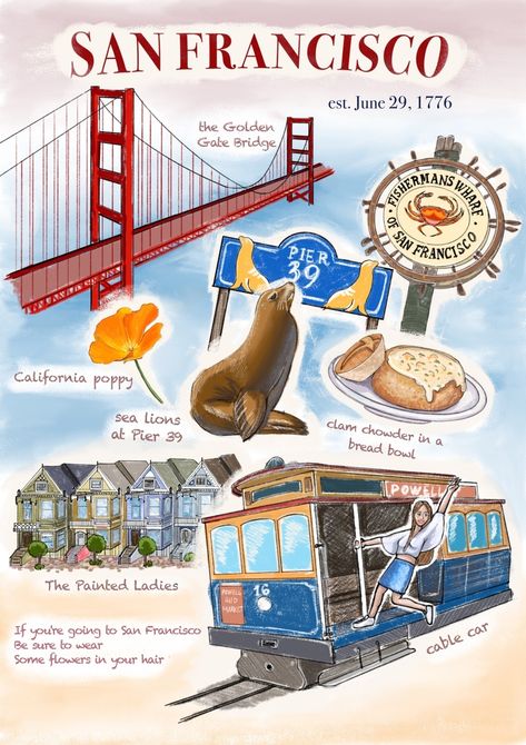 Postcard/ travel illustration San Francisco San Francisco Vintage Poster, California Scrapbook Ideas, San Francisco Scrapbook, San Francisco Map Illustration, San Francisco Illustration, San Francisco Postcard, San Francisco Trip, California Illustration, Usa Illustration