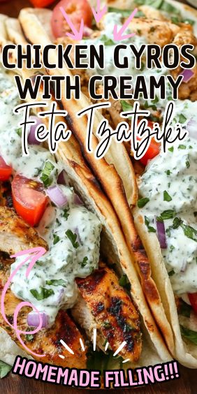 Mediterranean Chicken Gyros with Creamy Feta Tzatziki Mediterranean Chicken Gyros With Creamy Feta Tzatziki, Crockpot Greek Chicken Gyros, Creamy Greek Chicken, Crockpot Recipes Chicken Breast, Chicken Gyros With Tzatziki Sauce, Easy Chicken Gyros, Mediterranean Diet Chicken, Feta Tzatziki, Chicken And Halloumi