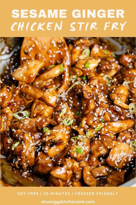 Tender, juicy chicken cubes, fried to golden brown and tossed with a savory sesame ginger sauce. This quick and easy better-than-take out healthy sesame ginger chicken recipe is sure to become a family favorite. | #sesamegingerchicken #healthychicken #paleochickenrecipe #soyfreechickenrecipe #healthychinesefood Sesame Ginger Stir Fry, Chicken Cubes Recipes, Ginger Recipes Healthy, Sesame Ginger Chicken Recipe, Sesame Ginger Sauce, Sesame Ginger Chicken, Sesame Oil Recipes, Ginger Chicken Recipes, Chicken Cubes