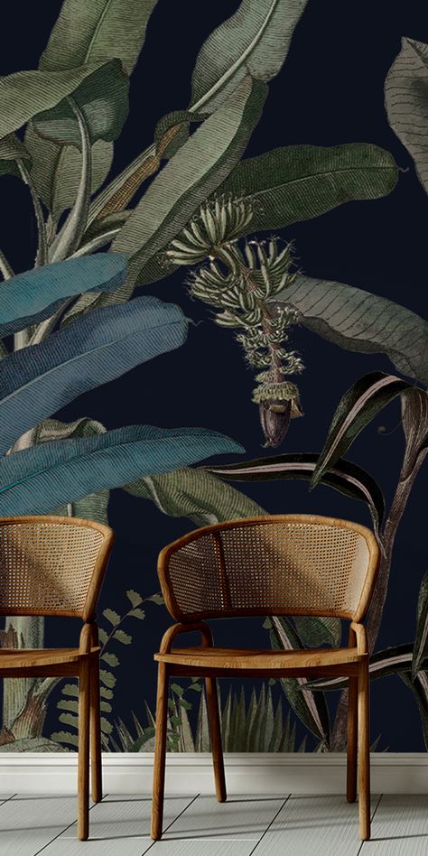 Dark botanical wallpaper with tropical leaves, perfect for home decor, available as peel and stick or vinyl wall mural. Tropical Wallpaper Aesthetic, Dark Jungle Wallpaper, Dark Tropical Wallpaper, Dark Botanical Wallpaper, Piano Library, Library Lounge, Wallpaper Leaf, Closet Redo, Office Closet