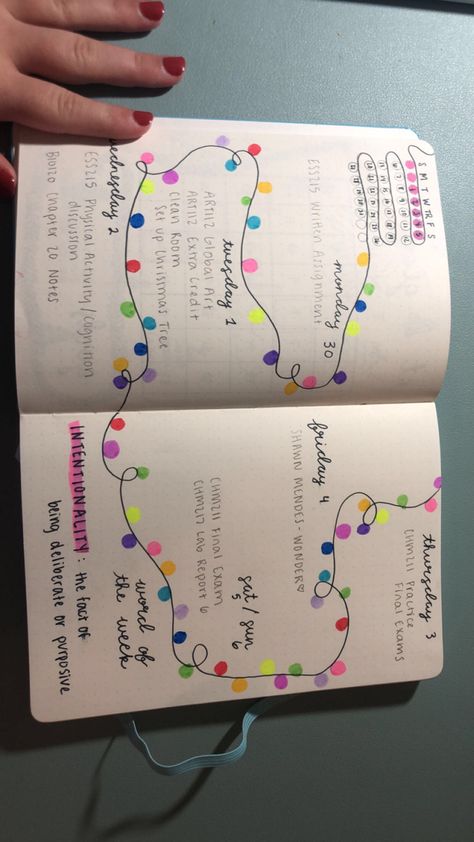 December Spread, Christmas Lights Drawing, Lights Drawing, Bullet Journal Christmas, Bullet Journal Weekly, Journal Weekly, Bullet Journal Weekly Spread, Bullet Journal Mood, Final Exams