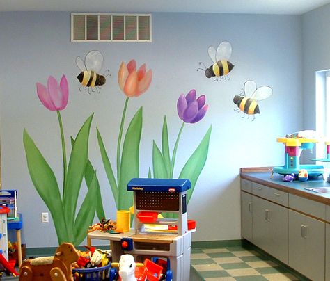 painting ideas Nursery Murals, Church Nursery Decor, Kids Church Rooms, Sunday School Rooms, Garden Mural, Flower Mural, Church Nursery, School Murals, Nursery Mural