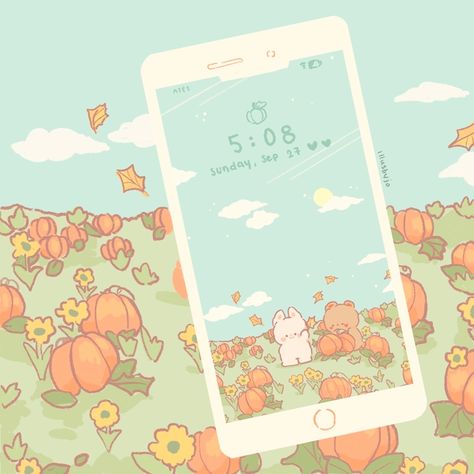 Cherie Berie Pumpkin Patch Wallpaper - illusbyjo's Ko-fi Shop - Ko-fi ❤️ Where creators get donations from fans, with a 'Buy Me a Coffee' Page. Pumpkin Patch Wallpaper, Cute Phone Wallpapers, Wallpapers Autumn, Desktop Themes, Fall Palette, Kawaii Phone, Iphone Lockscreen Wallpaper, Changing Leaves, Cute Pastel Wallpaper