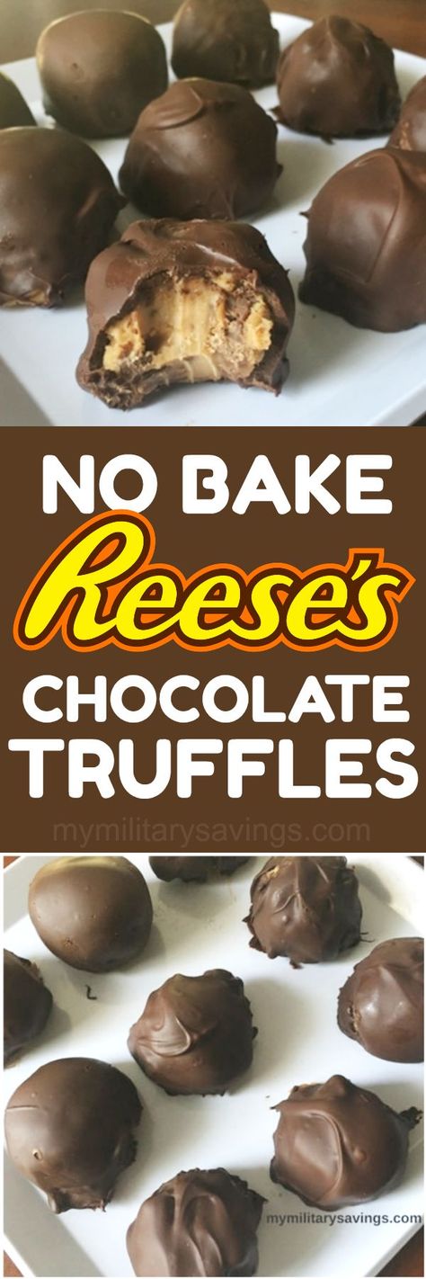 DELICIOUS No Bake Reese's Peanut Butter Cup Chocolate Truffles recipe! Add this to your dessert recipes board! Truffle Dessert, Kalahari Resort, No Bake Truffles, Chocolate Truffles Recipe, Reese's Chocolate, Reese's Peanut Butter Cup, Foodie Friday, Truffles Recipe, Dessert Aux Fruits