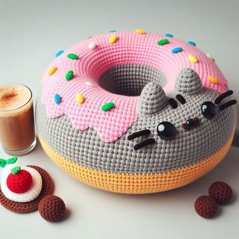 Crochet Pusheen With Donut Amigurumi Idea #HandmadeCrochet, #CrochetInspiration, #CrochetLove Crochet Giant Donut Pattern Free, Pusheen Crochet Pattern Free, Pusheen Crochet, Crochet Pusheen, Crochet Doughnut, Crochet Donut, Cozy Crochet Patterns, Crochet Baby Toys, Crochet Animals Free Patterns