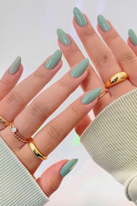 Sage Blue Nails, Solid Acrylic Nails Colors, Almond Nails Dip Powder, Sage Color Nails, Sage Green Nails Almond, Opaque Nails, Nails Sage Green, Sage Nails, Big Nails