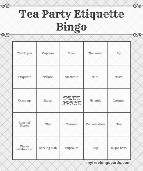 Tea Party Bingo Free Printable, Tea Party Etiquette, Tea Party Bingo, Bingo Free Printable, Thank You Cupcakes, Party Etiquette, Adult Tea Party, Cupcake Hats, Tea Riffic