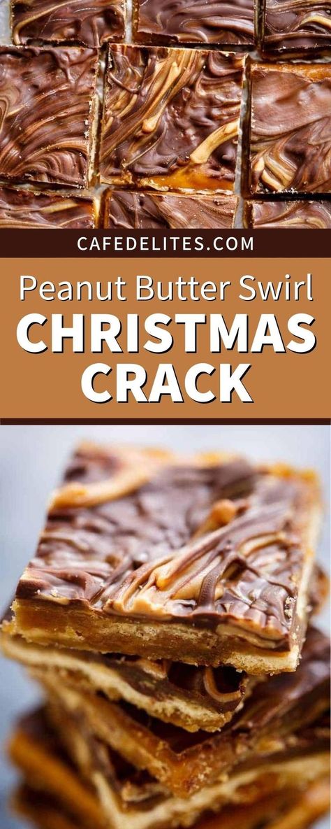 Peanut Butter Swirl Christmas Crack is a super addictive and popular Christmas treat made with salty crackers and sweet toffee, and smothered in melted chocolate. Christmas crack tastes just like salted toffee mixed with a mouthwatering cracker base. Traditionally, it’s topped with chopped nuts or flaked almonds. Today, we are topping ours with a peanut butter swirl. Peanut Butter Desert Ideas Easy, Christmas Cracker Toffee Graham Crackers, Peanut Butter Cracker Candy, Peanut Butter Bits Cracker Candy, Peanut Butter Brownie Swirl Cookies, Christmas Toffee Recipe, Christmas Cracker Toffee, Holiday Party Food Ideas, Cafe Delights