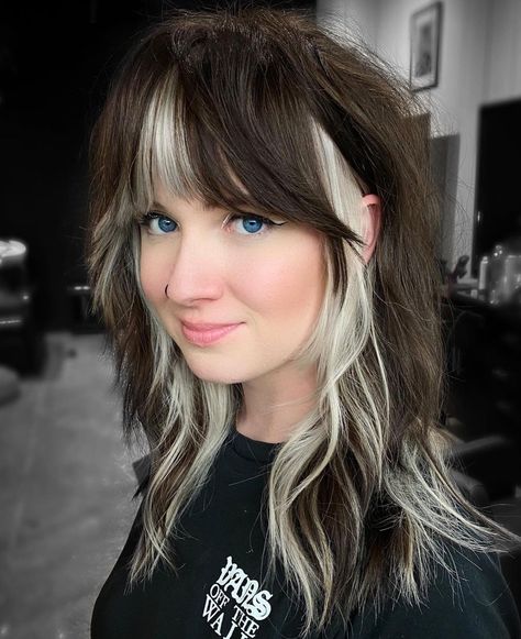 Dark Shag with Platinum Peek a Boo Highlights Peekaboo Bangs, Blonde Peekaboo Highlights, Hair Dues, Blonde Underneath, Natural Dark Hair, Hidden Hair Color, Peekaboo Hair Colors, Hair Muse, Peekaboo Highlights