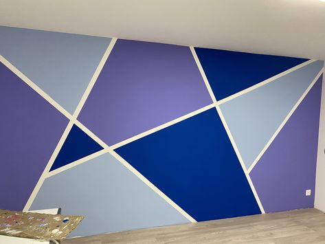 Blue And Purple Geometric Wall, Blue And Purple Wall Paint Ideas, Blue And Purple Walls, Blue Purple Wall Paint, Purple Girls Bedroom Paint, Geometric Wall Paint Purple, Purple Boys Room, Purple Wall Paint, Dna Music