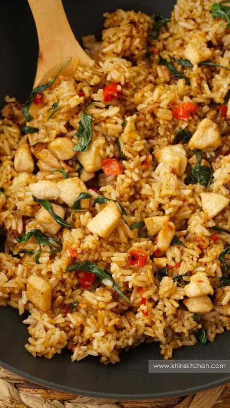 Thai Basil Fried Rice - Khin's Kitchen Thai Style Fried Rice, Thai Spicy Fried Rice, Basil Fried Rice Thai Recipe, Thai Basil Chicken Fried Rice, Thai Fried Rice Recipe Authentic, Basil Fried Rice Thai, Thai Basil Rice, Thai Rice Recipes, Thai Fried Rice Recipe