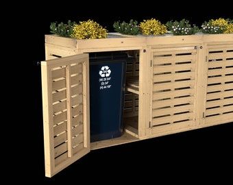 Outdoor Trash Bin / Garbage Can Enclosure & Raised Planter Bed / Digital Download ONLY / NO Physical Item Delivered - Etsy Trash Can Storage Outdoor Diy, Pool Sheds, Yard Storage, Recycling Storage, Raised Planter Beds, Planter Beds, Bin Store, Build Plans, Outdoor House