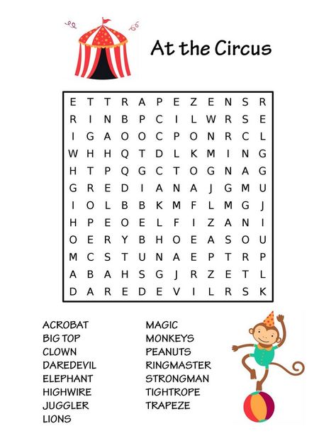 This circus word search has 14 hidden things you might see under the big top.  Good activity for school or home use. Baby Shower Games For Kids, Baby Shower Games Ideas, Circus Activities, Word Search For Kids, Brain Healthy Foods, Carnival Crafts, Circus Crafts, Modern Baby Shower Games, Games For Men