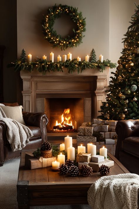 Transform your space with elegant Christmas home decor. Enjoy the warmth of candlelit accents and festive greenery that create a cozy holiday atmosphere. Perfect for intimate gatherings. #ChristmasHomeDecor #HolidayVibes #CozyChristmas Classy Holiday Decor, Cozy Christmas Decor Living Room, Christmas Windowsill Decor, Cottage Christmas Aesthetic, Warm Christmas Aesthetic, Fireplace Christmas Decor, Cottage Christmas Decor, Cozy Christmas Aesthetic, Christmas Interior Design