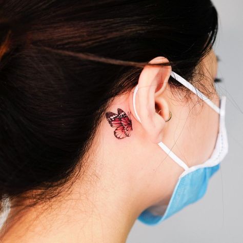 Red admiral tattoo behind ear - Red Ink Butterfly Tattoo Ideas with deep meaning to express your individuality. Admiral Butterfly Tattoo, Butterfly Tattoo Behind Ear, Red Butterfly Tattoo, Rose Tattoo Behind Ear, Rose And Butterfly Tattoo, Monarch Butterfly Tattoo, Admiral Butterfly, Butterfly Tattoo Ideas, Butterfly Tattoos On Arm