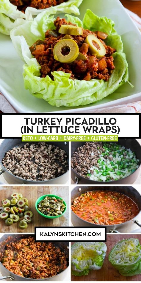 Pinterest image for Turkey Picadillo on a square, white dish on a napkin and procedure photos for making the recipe. Turkey Picadillo, Homemade Raspberry Jam, Turkey Lettuce Wraps, 21 Day Fix Meal Plan, 21 Day Fix Meals, Healthy Salad Dressing, Chicken Main Dishes, Protein Recipes, Healthy Salad