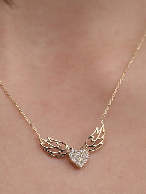 14K Rose Gold Angel Wings Necklace/ 14K Gold Cz Pave Angel - Etsy Australia Angel Wings Necklace, Diamond Angel, Wings Necklace, Gold Angel Wings, Angel Wing Necklace, Gold Angel, Wing Necklace, Solid Gold Chains, Necklace Heart